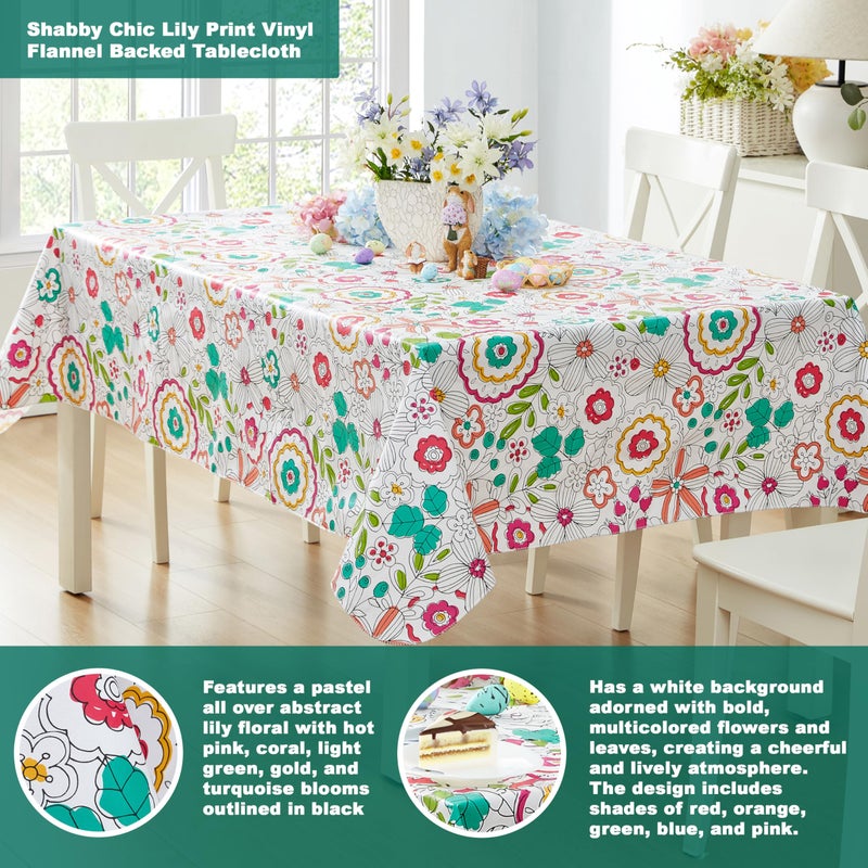 Newbridge Easter Shabby Chic Lily Print 52 x 52 Inch Square Vinyl Flannel Backed Tablecloth, Pink Yellow and Green Lily Indoor and Outdoor Waterproof Vinyl Table Cover for Spring Holiday Party - Image 2